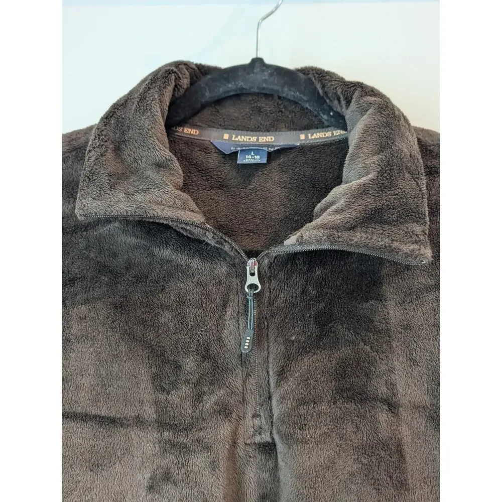 Lands End Girls Large 14-16 Brown Pullover 1/4 Zip Polar Fleece Jacket Casual